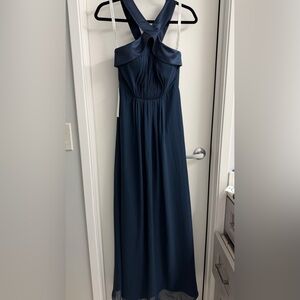 NWT Elegant Navy Blue Halter Dress Azazie Bay Satin Chiffon Evening Gown